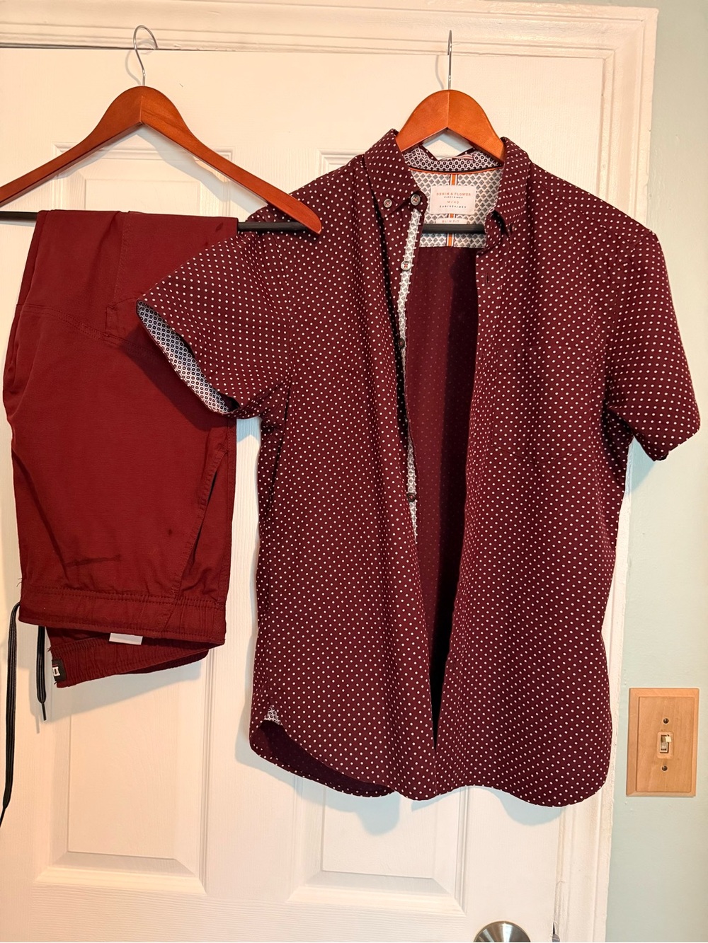 Denim & Flower Burgundy Shirt with White Polka Dots joggers pants.Medium shirt,